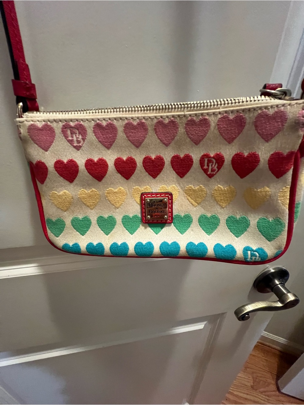 Dooney & Bourke Cream Crossbody Bag with Red, Pink, Gold, Green, and Blue Hearts